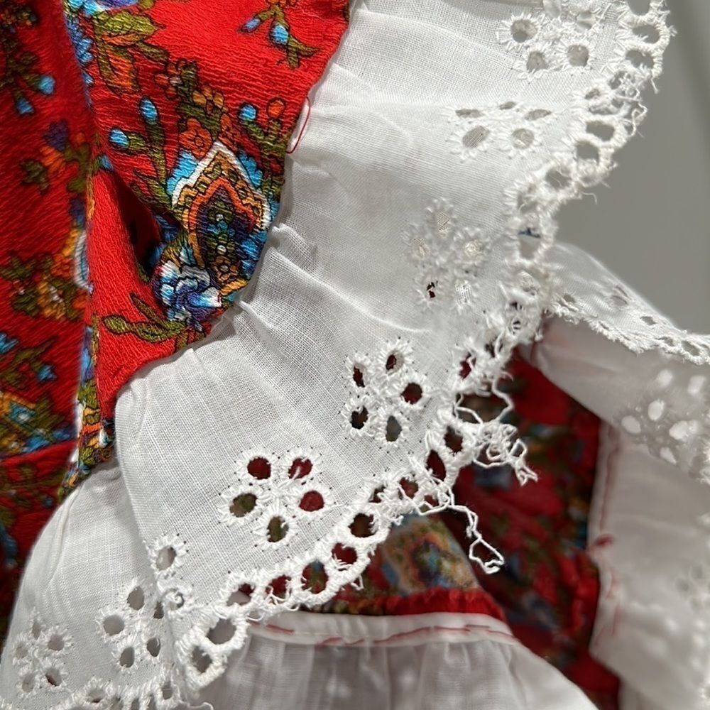 Vintage 1970s Handmade Floral Lace Prairie Maxi Dress Red Ruffle Sleeve Sz S - Picture 13 of 13